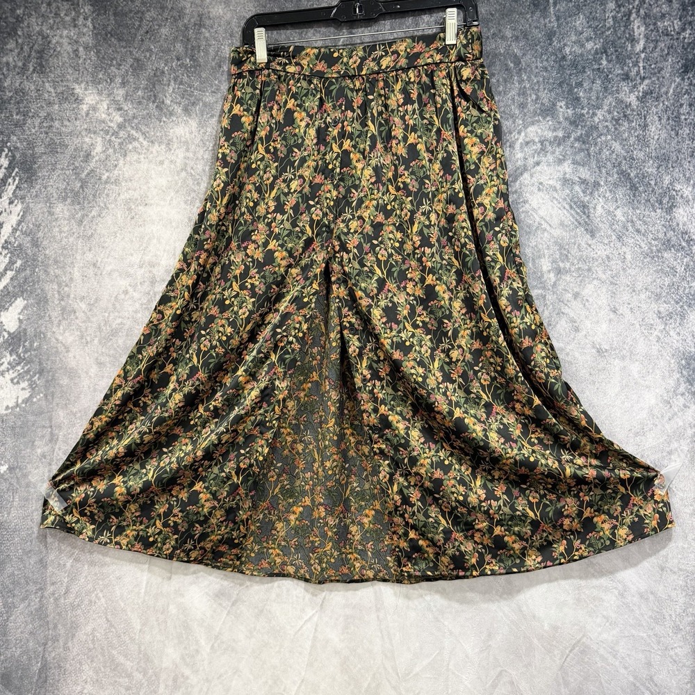 SHEIN Women's Floral Midi Skirt Open Button Front Slit Elastic Waist L Frenchy